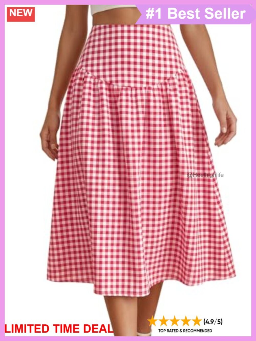 High Waist A-Line Midi Skirt Gingham Plaid Summer Casual
